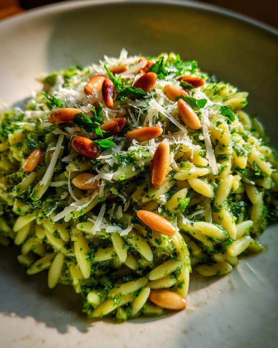 Close-up of Pesto Orzo pasta, topped with toasted pine nuts, grated Parmesan cheese, and fresh parsley.