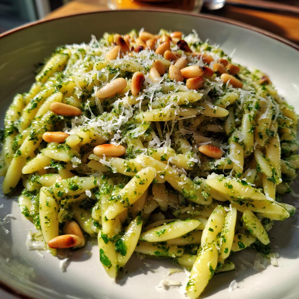 A close-up of Pesto Orzo pasta dish, tossed with vibrant green pesto, topped with toasted pine nuts and grated Parmesan cheese.