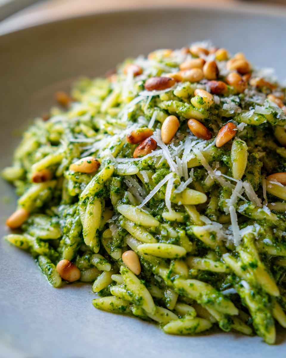 A close-up of Pesto Orzo pasta, coated in vibrant green pesto sauce and topped with toasted pine nuts and grated Parmesan cheese.