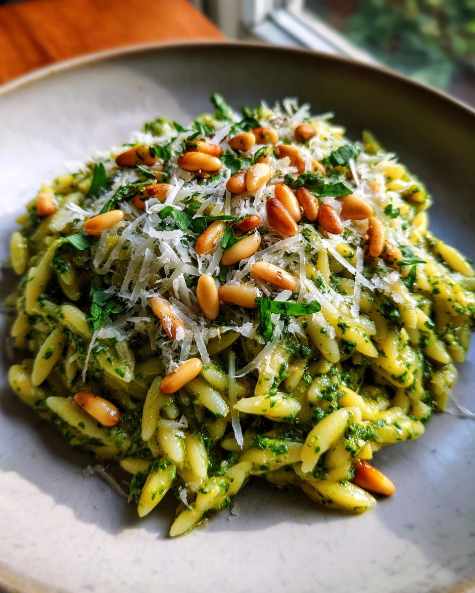 A close-up of a bowl of Pesto Orzo pasta, topped with pine nuts, grated Parmesan cheese, and fresh parsley.