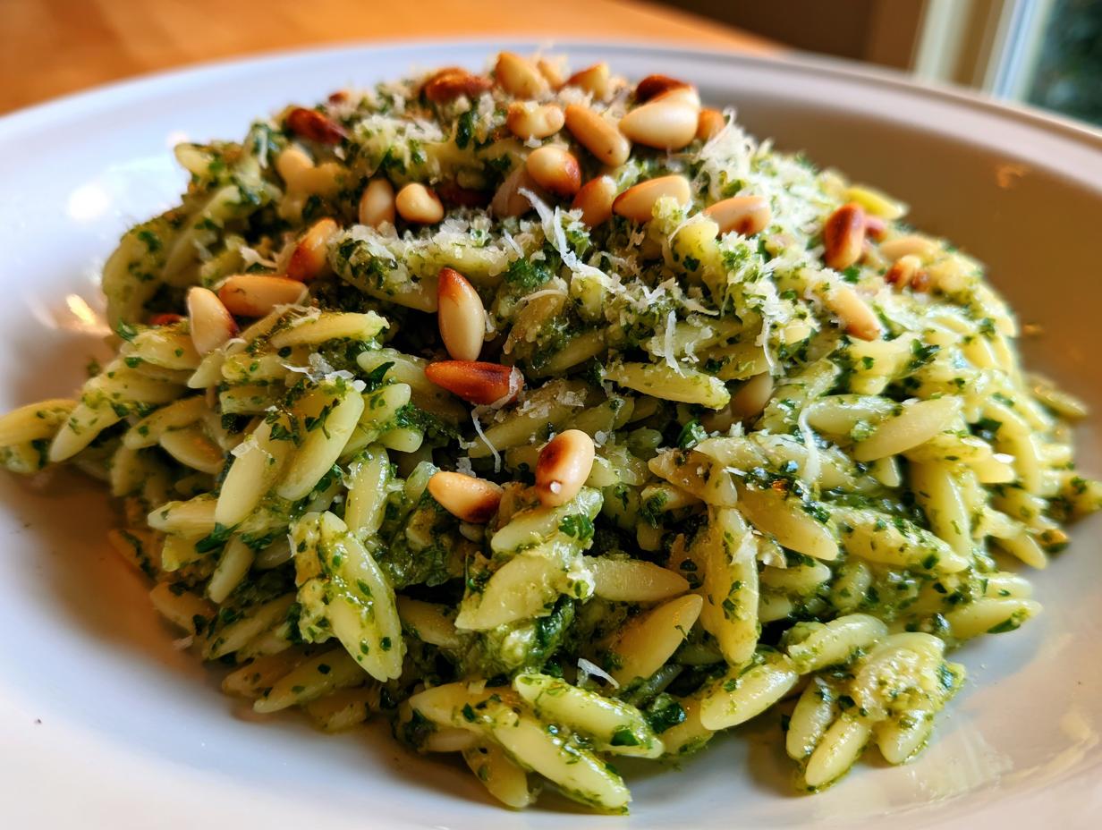 A close-up of Pesto Orzo pasta with pine nuts and grated Parmesan cheese in a white bowl.