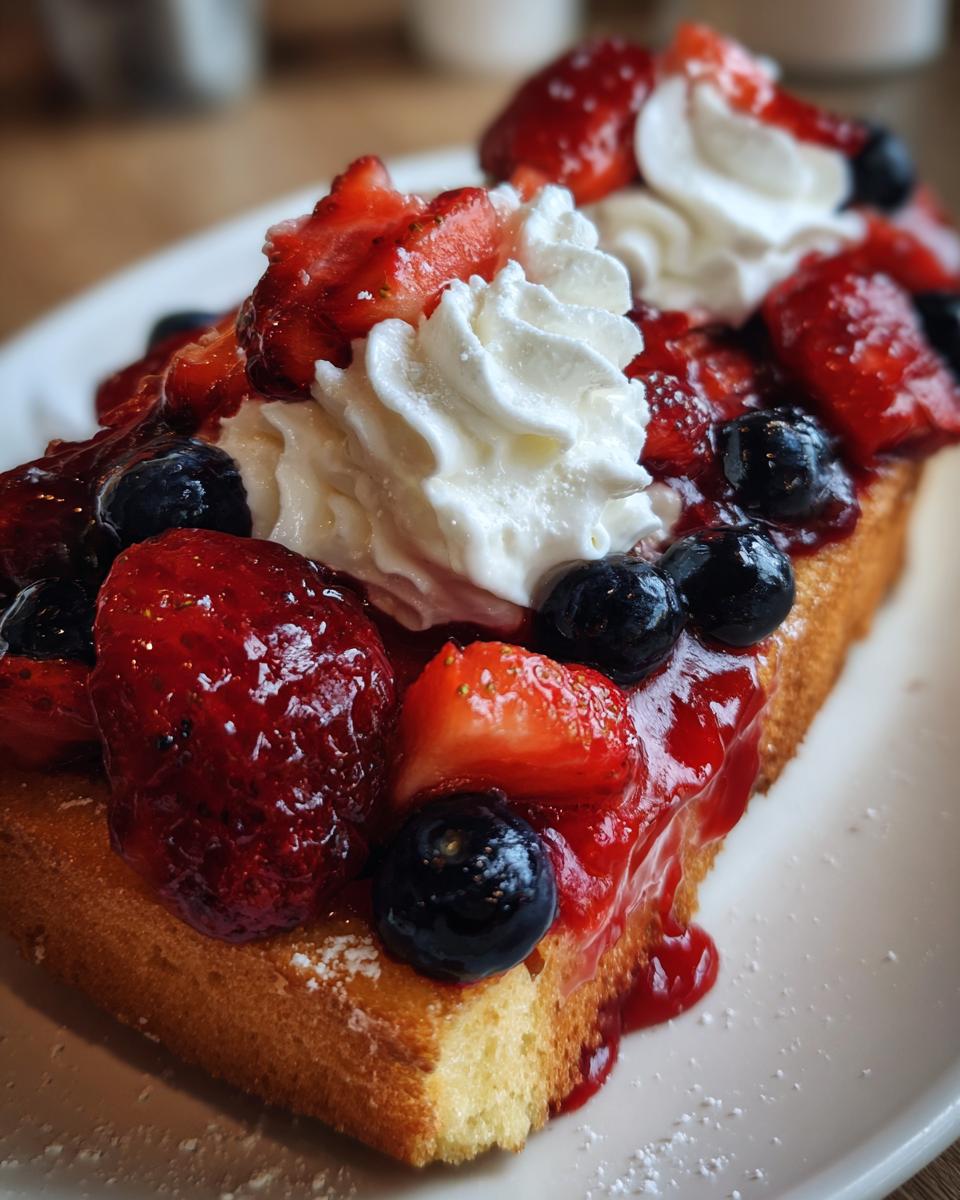 A slice of pound cake topped with fresh strawberries, blueberries, whipped cream, and berry sauce, perfect for Fourth of July Desserts.