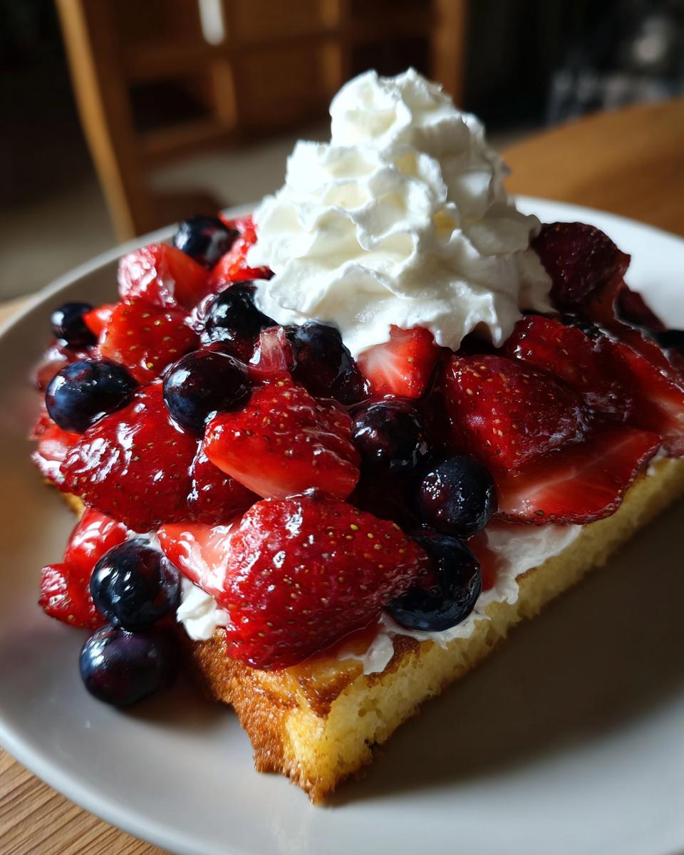 A slice of pound cake topped with fresh strawberries, blueberries, and whipped cream, perfect for Fourth of July desserts.