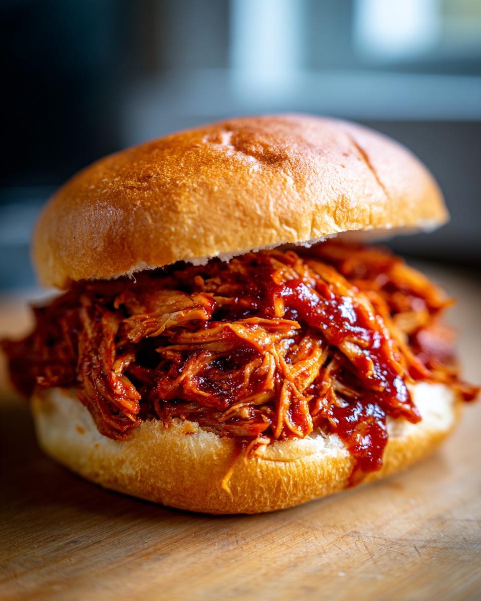 A close-up of a delicious pulled BBQ chicken sandwich, showcasing shredded chicken coated in rich BBQ sauce on a soft bun.