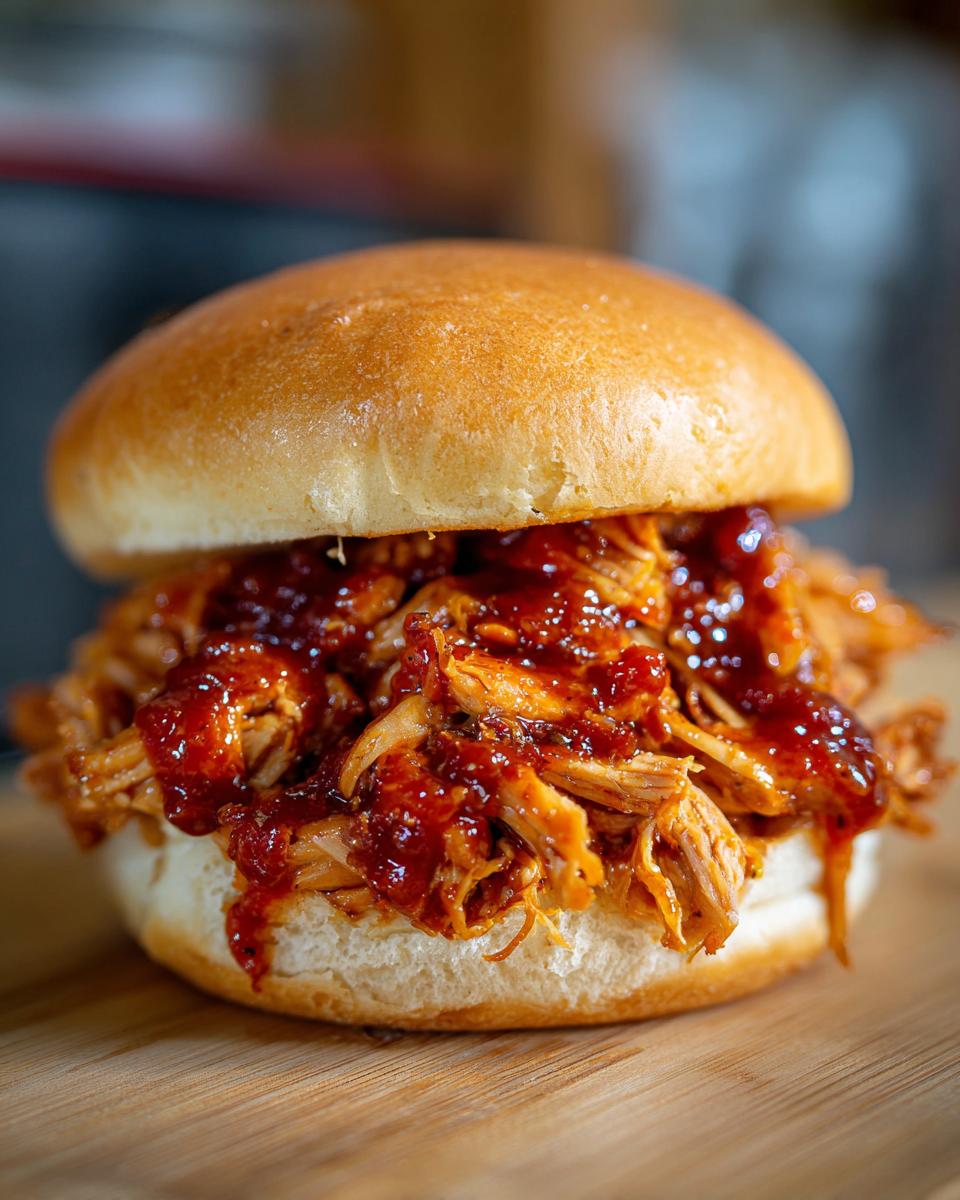 A close-up of a delicious pulled BBQ chicken sandwich on a bun, showcasing tender chicken coated in rich BBQ sauce.