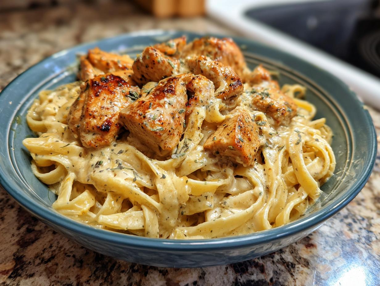 A close-up of a blue bowl filled with fettuccine pasta and creamy Cajun Alfredo sauce, topped with seasoned chicken breast pieces.