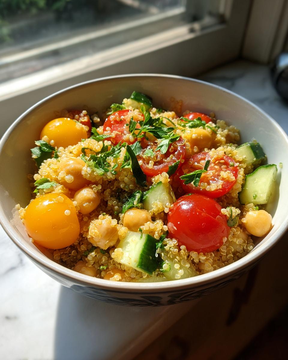 A vibrant bowl of quinoa chickpea salad with cherry tomatoes, cucumber, and fresh parsley, perfect for healthy lunch ideas for workdays.