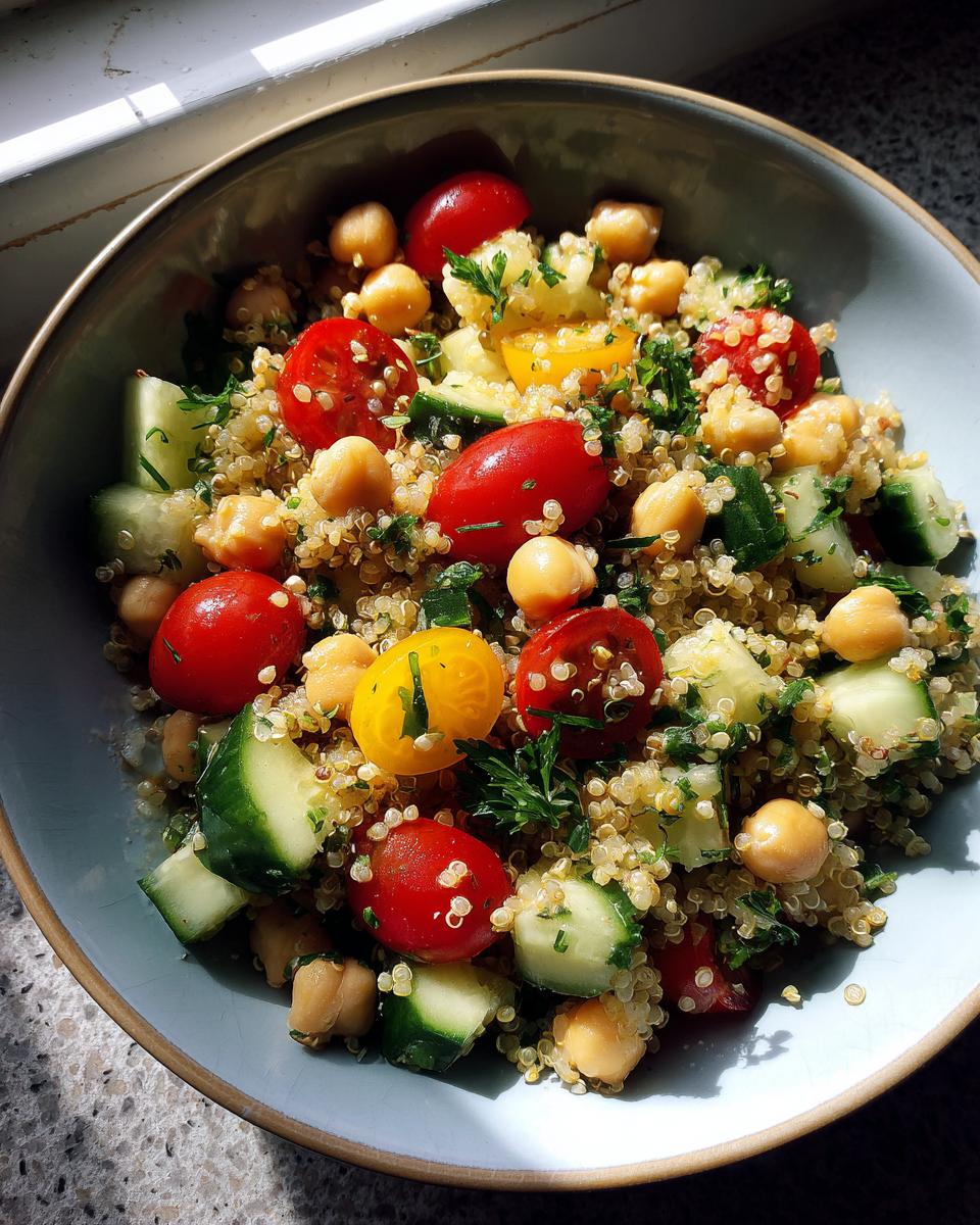 A vibrant bowl of quinoa chickpea salad with cherry tomatoes, cucumber, and fresh herbs, perfect for healthy lunch ideas for workdays.