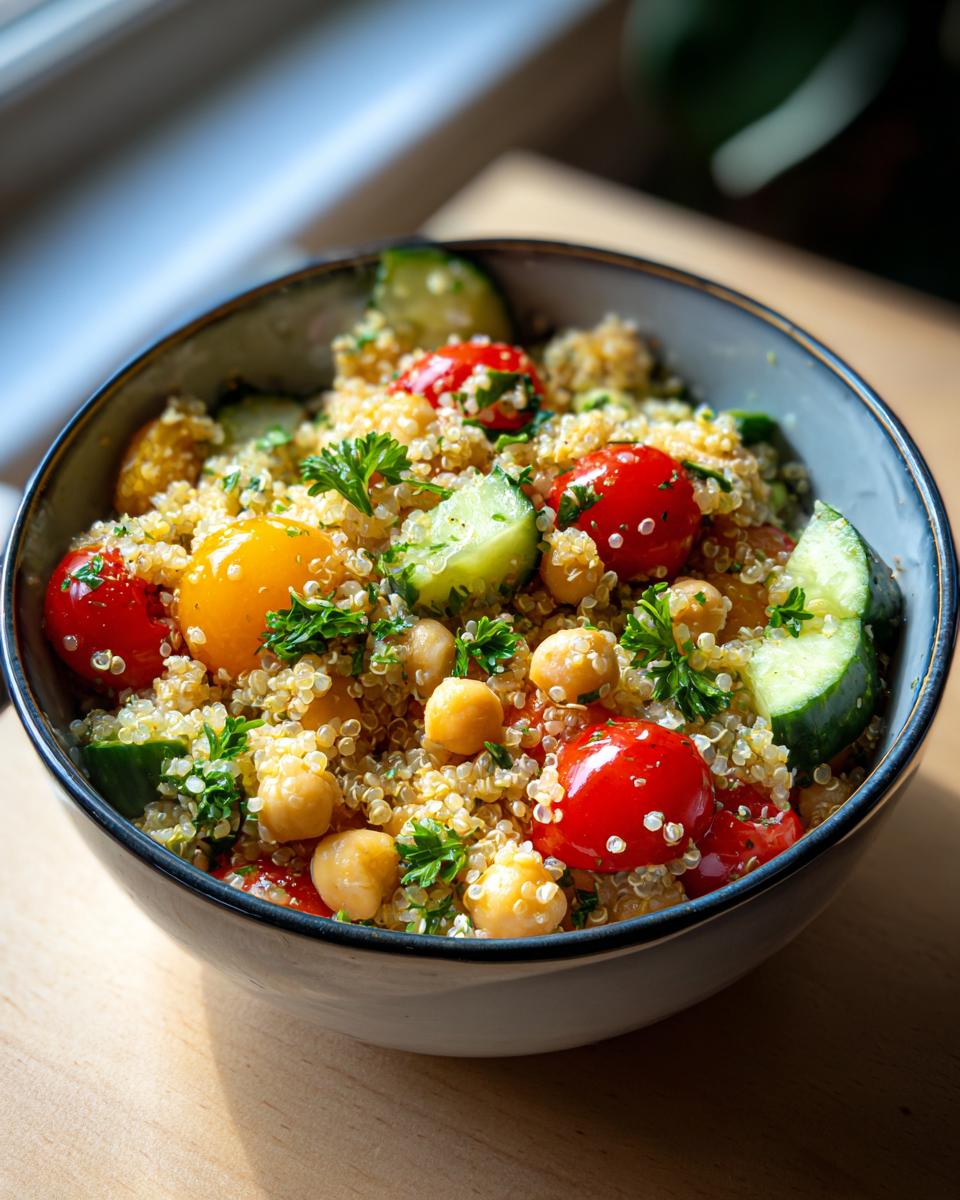 A bowl of healthy quinoa chickpea salad with cherry tomatoes, cucumber, and parsley, perfect for workday lunches.