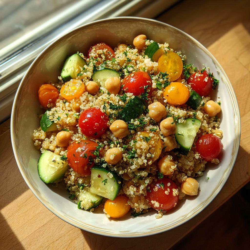 A vibrant bowl of quinoa chickpea salad with cherry tomatoes, cucumber, and fresh herbs, perfect for healthy lunch ideas.