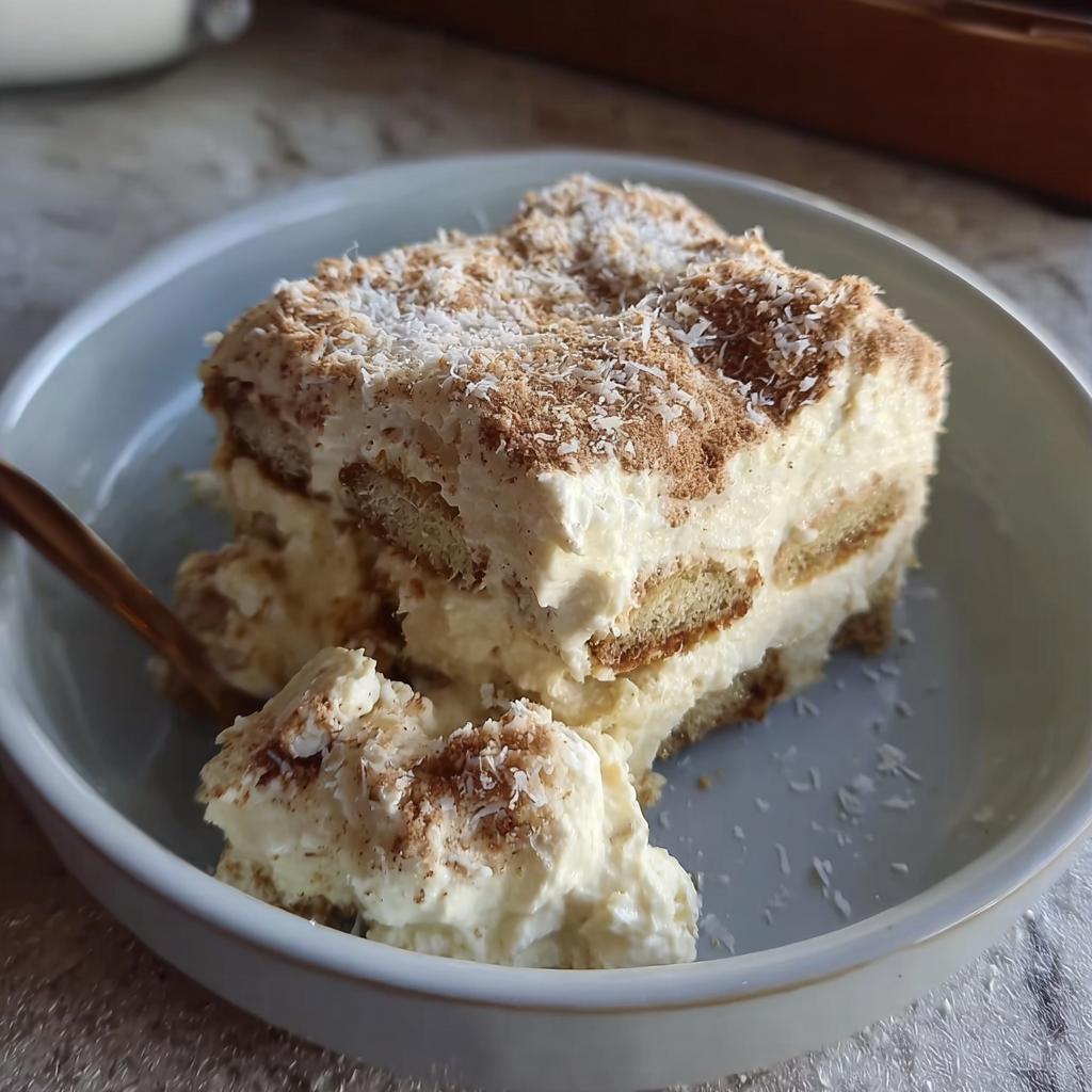 A slice of Raffaello Tiramisu schnell ohne Backen, featuring layers of ladyfingers and creamy filling, topped with coconut flakes and cocoa powder.