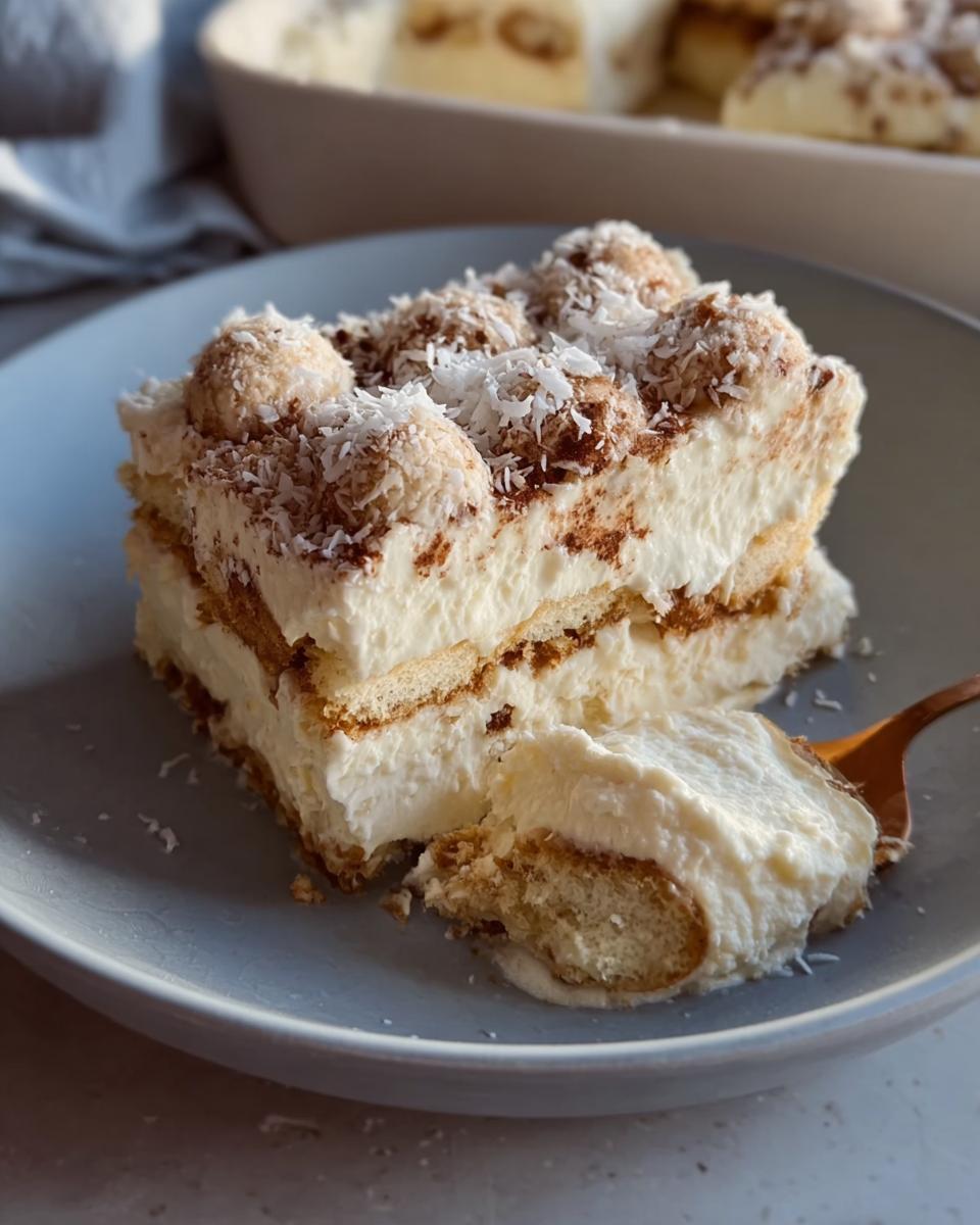 A slice of Raffaello Tiramisu dessert with ladyfingers, cream, and coconut flakes, on a blue plate.