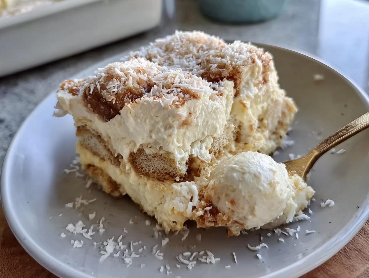 A slice of Raffaello Tiramisu schnell ohne Backen, layered with ladyfingers and cream, topped with coconut flakes.