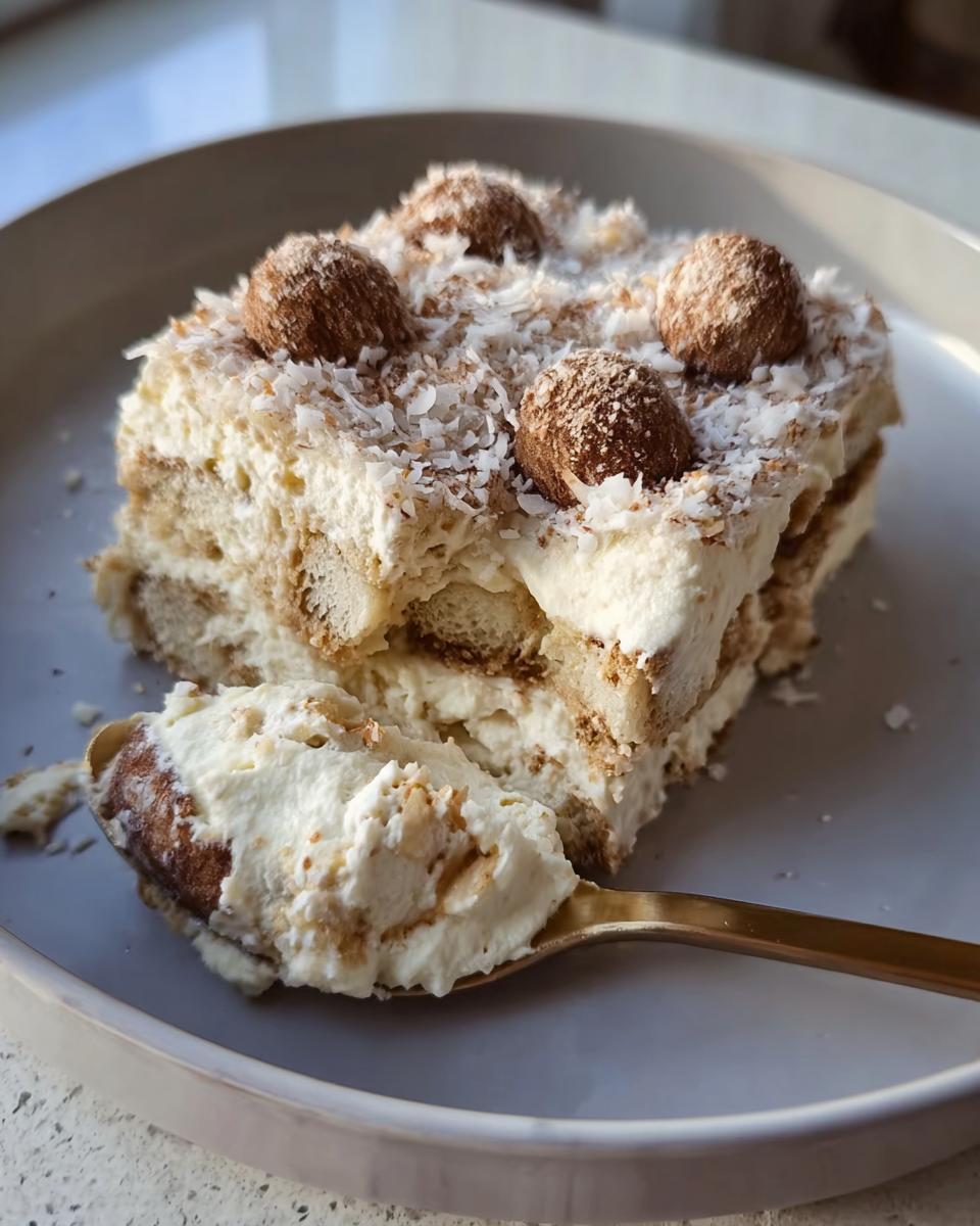A slice of Raffaello Tiramisu dessert with layers of ladyfingers, cream, and topped with coconut flakes and Raffaello candies.