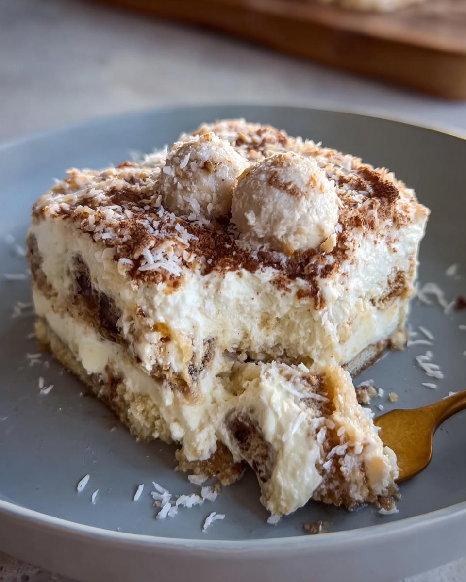 A slice of Raffaello Tiramisu, a no-bake dessert, topped with coconut flakes and Raffaello candies.