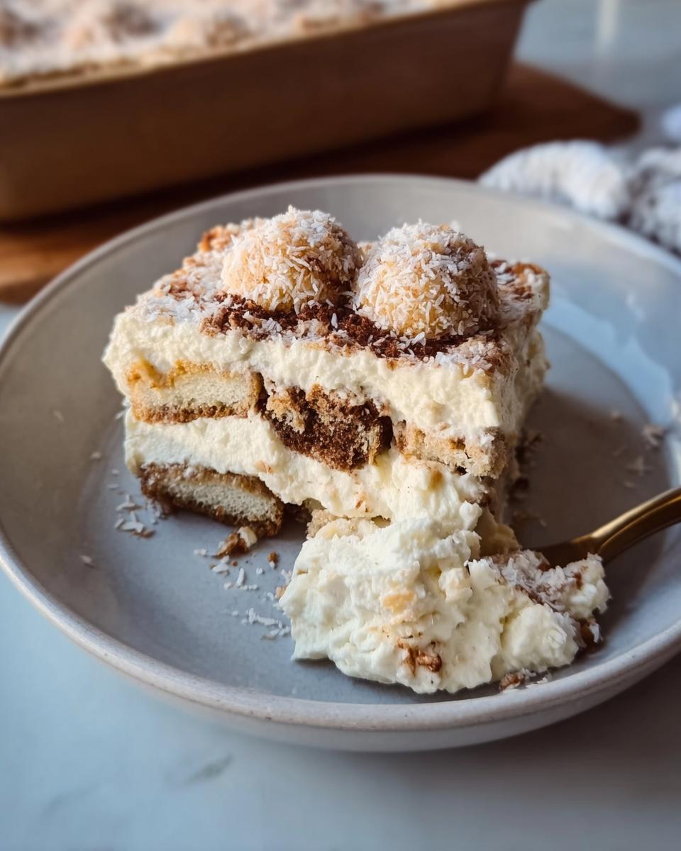 A slice of no-bake Raffaello Tiramisu topped with coconut flakes and two Raffaello candies.