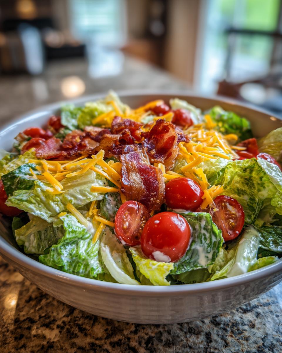 A refreshing Ranch BLT Salad in a bowl, featuring crisp lettuce, cherry tomatoes, shredded cheese, and crispy bacon.