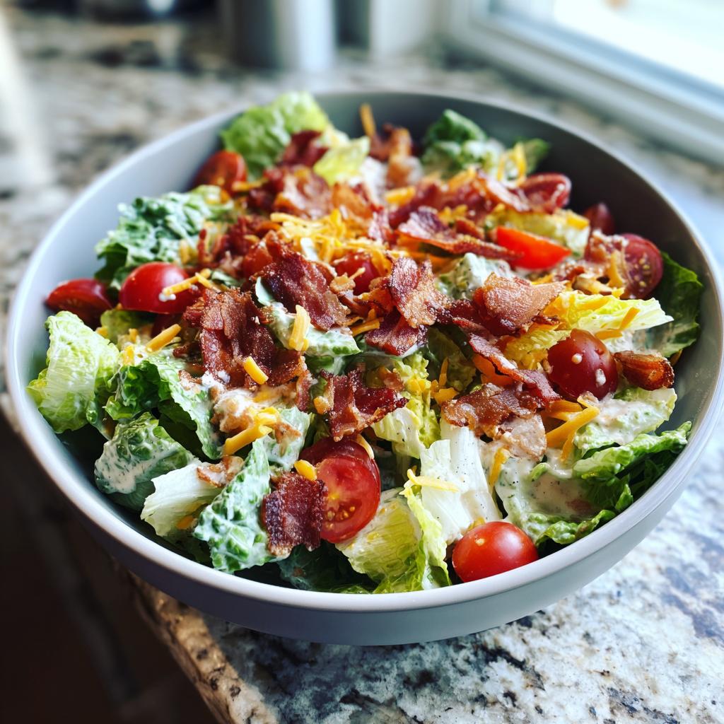 A refreshing bowl of Ranch BLT Salad with crisp lettuce, cherry tomatoes, crumbled bacon, and shredded cheese.