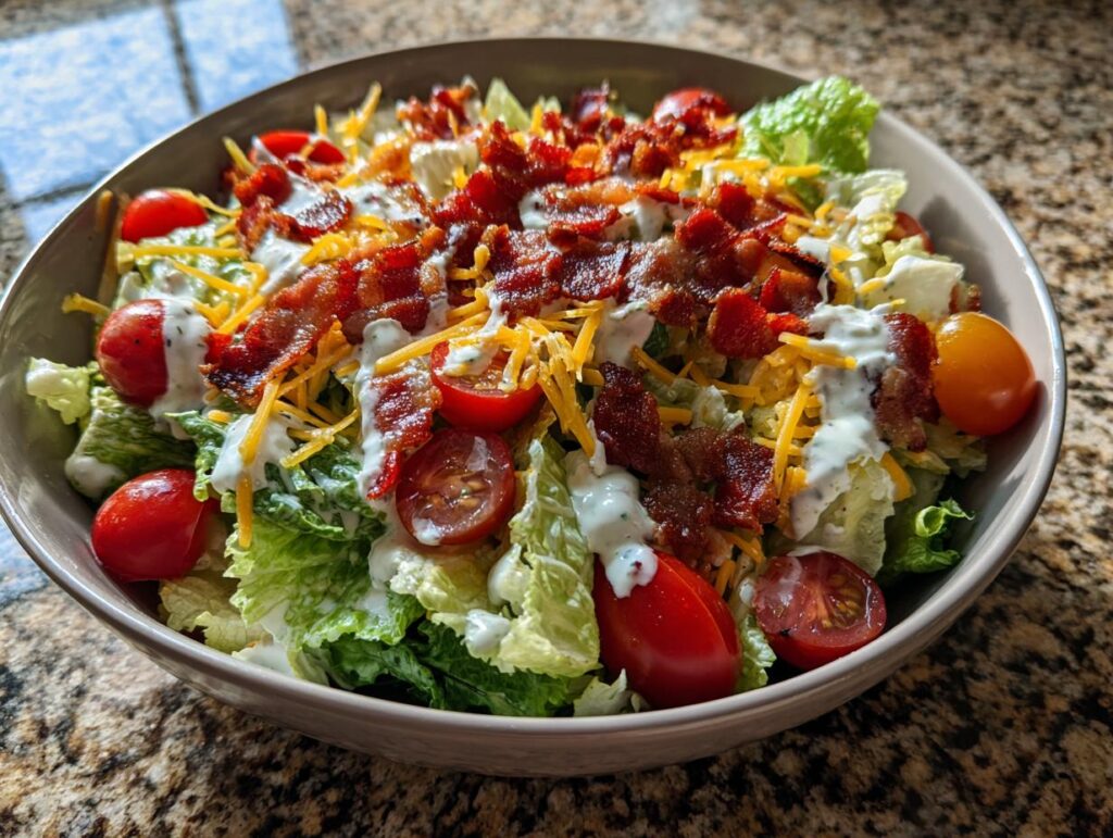 A bowl of crisp Ranch BLT Salad topped with crumbled bacon, shredded cheese, and cherry tomatoes, drizzled with ranch dressing.