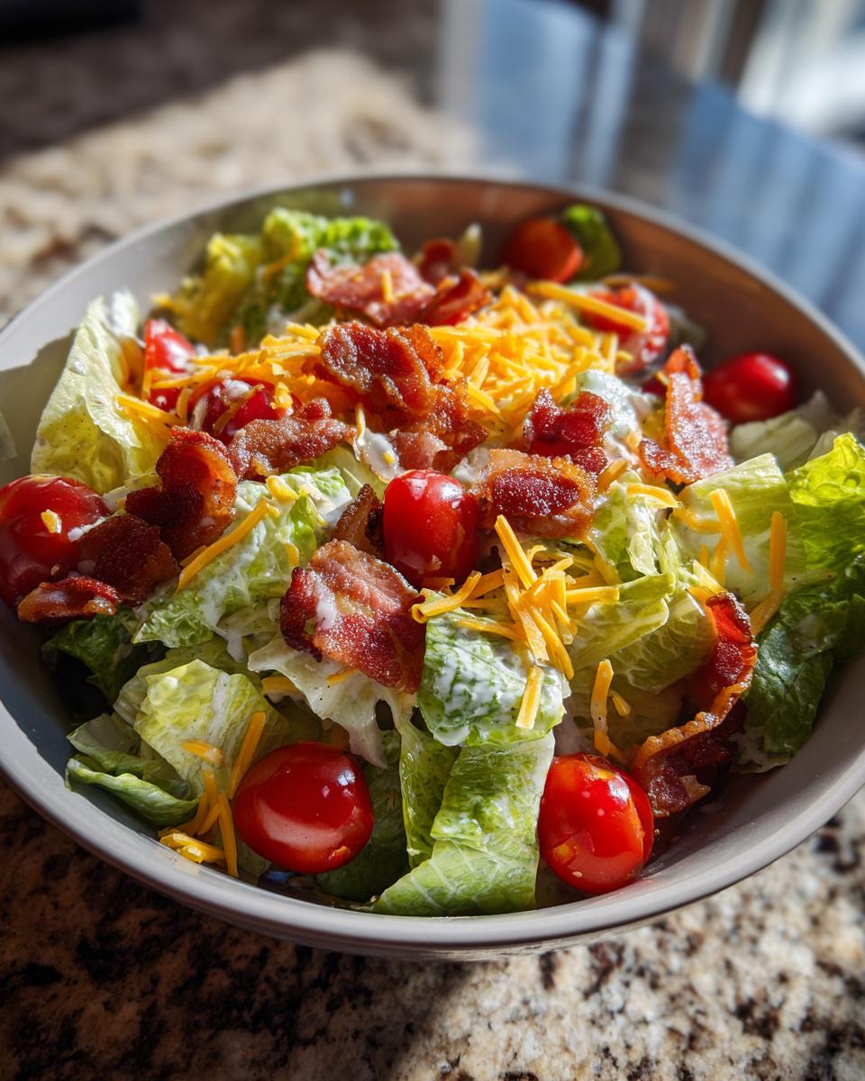 A close-up of a crisp Ranch BLT Salad with fresh lettuce, cherry tomatoes, crumbled bacon, shredded cheddar cheese, and creamy ranch dressing.