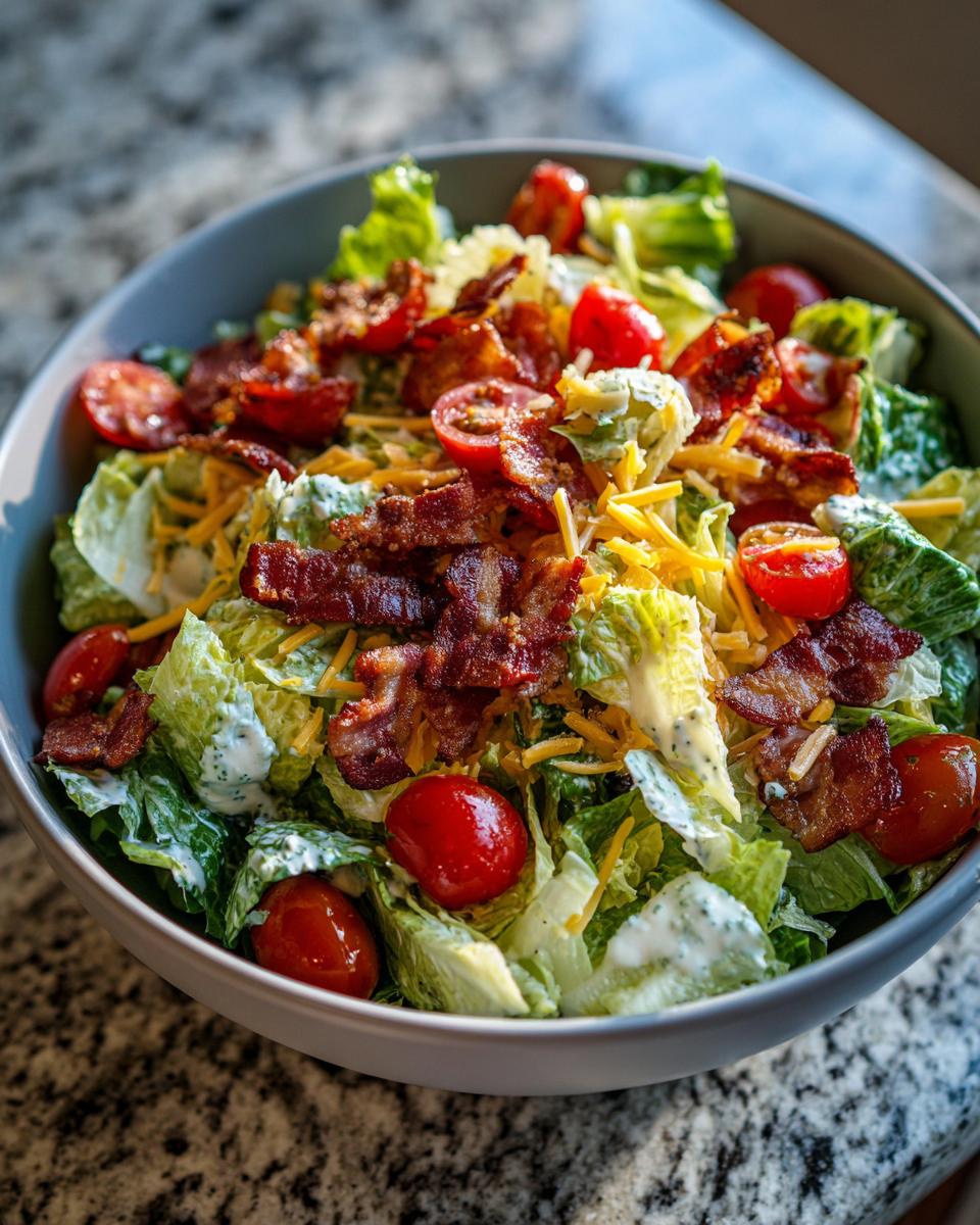 A bowl of crisp Ranch BLT Salad with lettuce, cherry tomatoes, bacon, and shredded cheese, drizzled with ranch dressing.