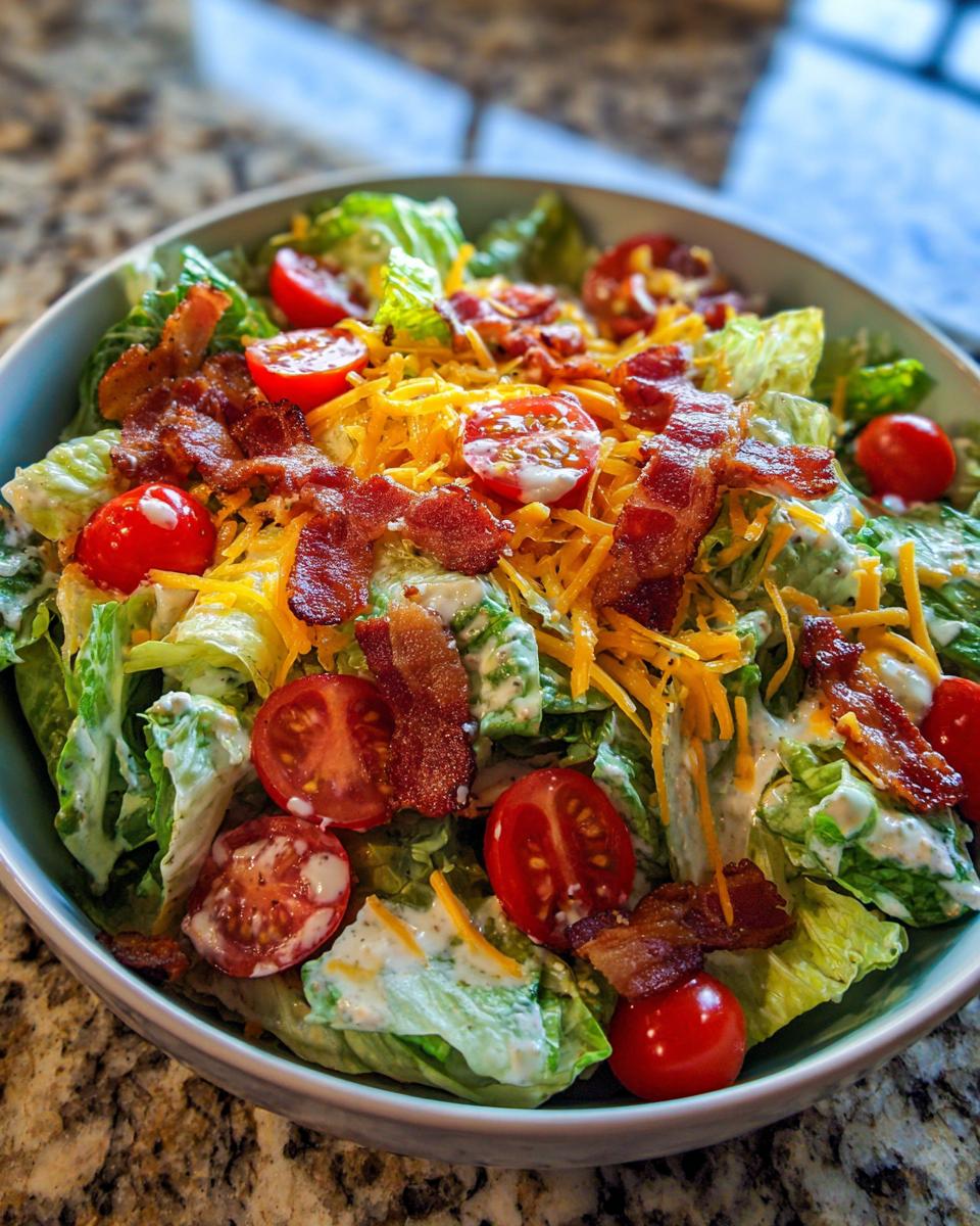 A refreshing bowl of Ranch BLT Salad, featuring crisp lettuce, cherry tomatoes, crispy bacon, and shredded cheese.