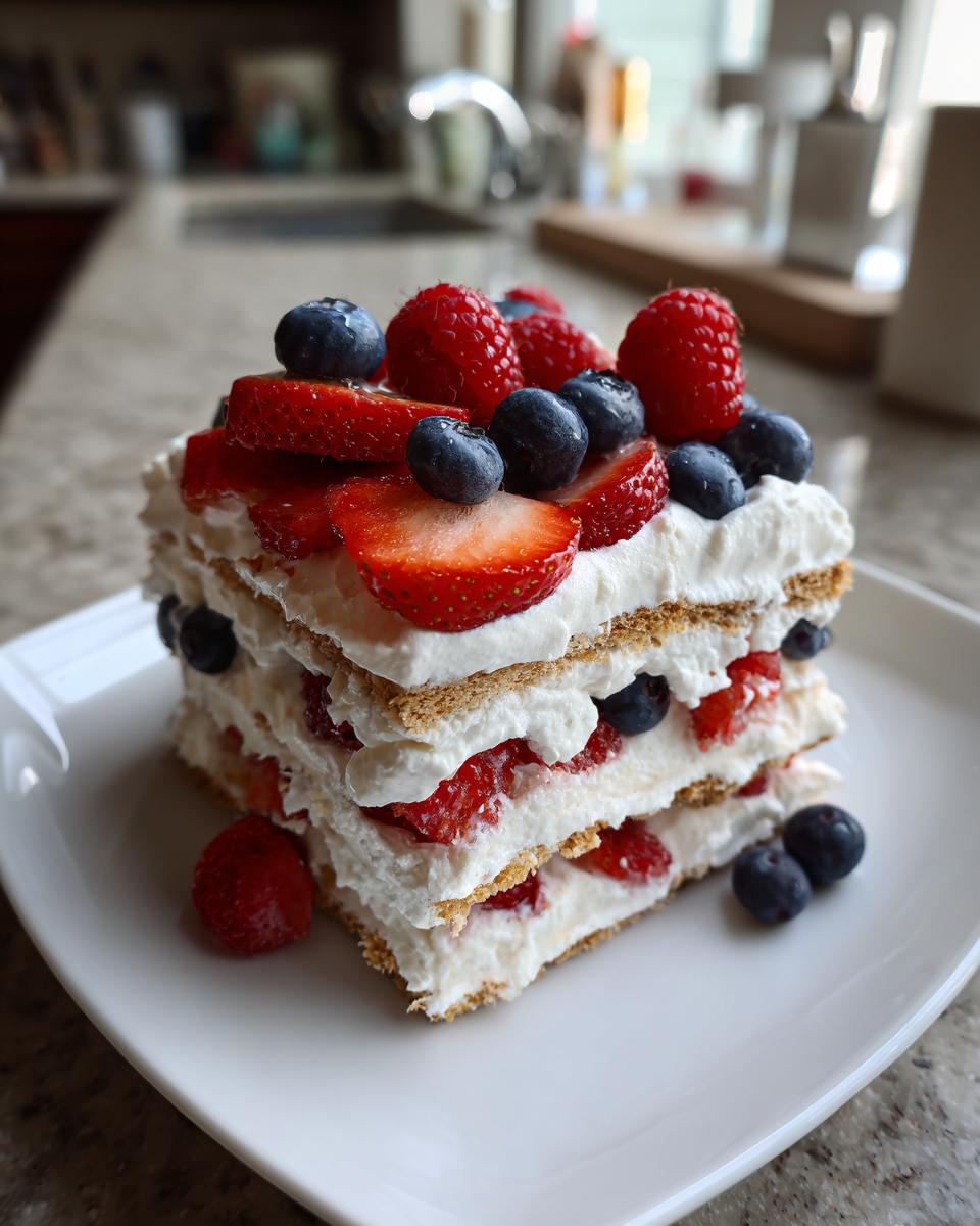 A slice of Red White Blue Icebox Cake layered with whipped cream and fresh strawberries and blueberries.