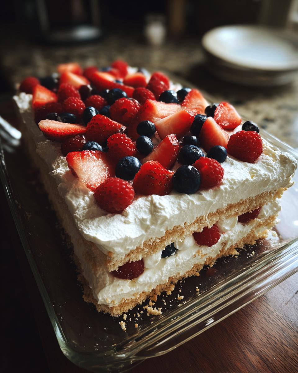 A festive Red White Blue Icebox Cake topped with strawberries, blueberries, and raspberries, perfect for Fourth of July Desserts.