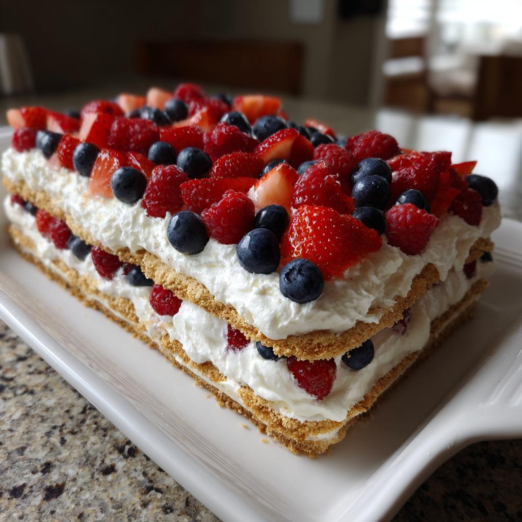 A festive Red White Blue Icebox Cake layered with whipped cream and fresh berries, perfect for Fourth of July Desserts.