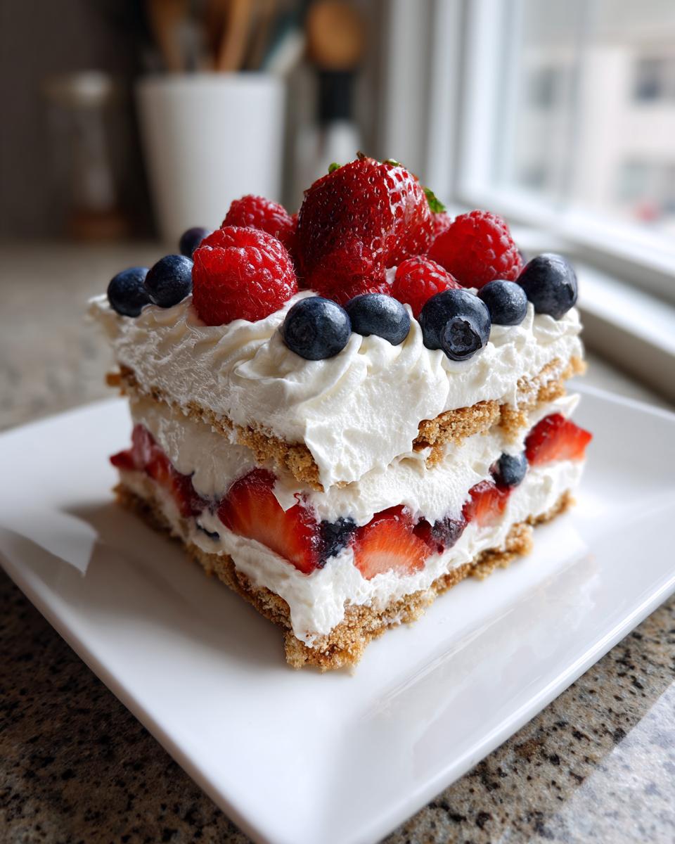 A slice of red white blue icebox cake, layered with whipped cream, strawberries, blueberries, and raspberries.