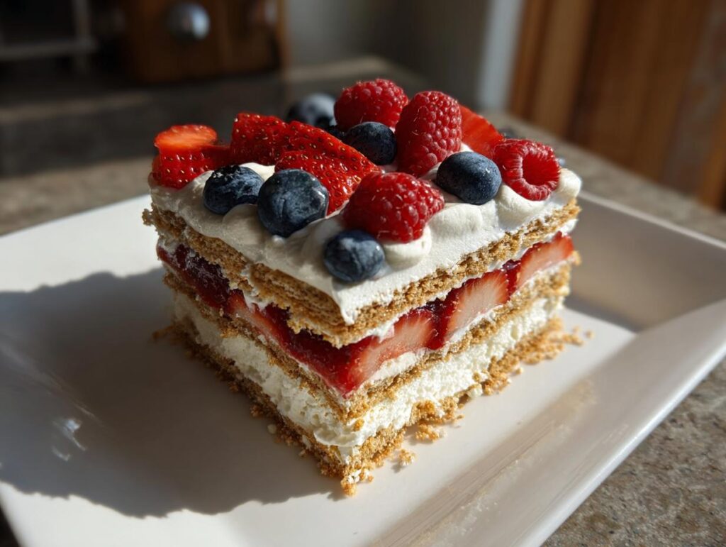 A slice of Red White Blue Icebox Cake layered with graham crackers, whipped cream, strawberries, and blueberries, topped with fresh berries.