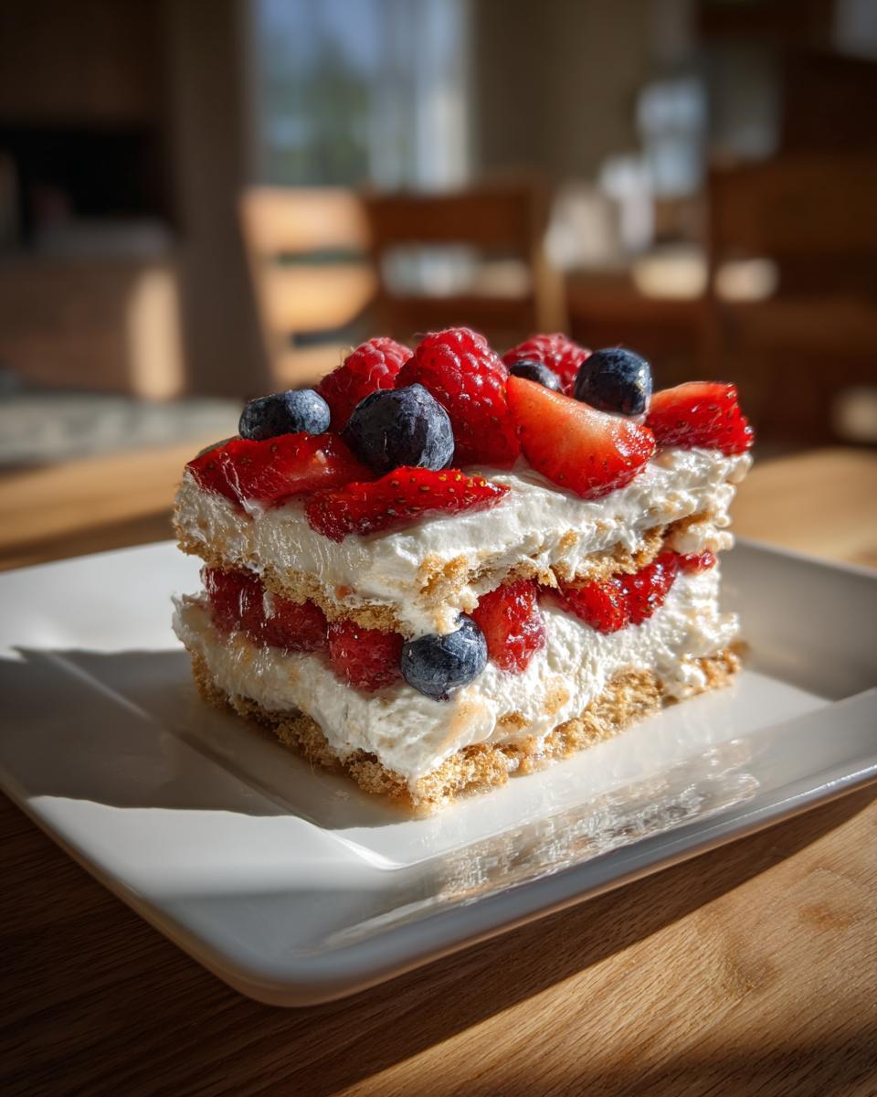 A slice of Red White Blue Icebox Cake topped with fresh strawberries, blueberries, and raspberries.