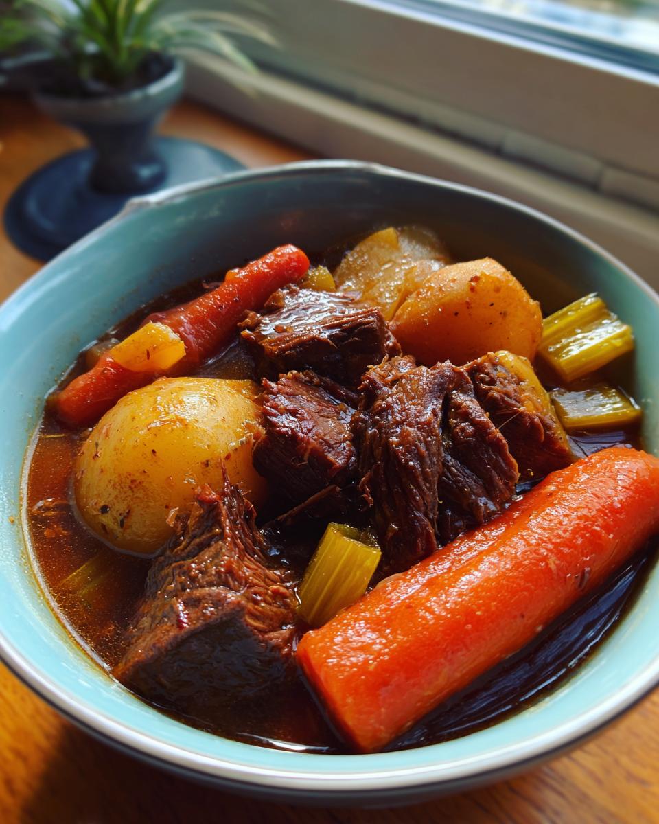 A close-up of a bowl filled with rich slow cooker beef stew, featuring tender beef chunks, carrots, potatoes, and celery in a savory broth.