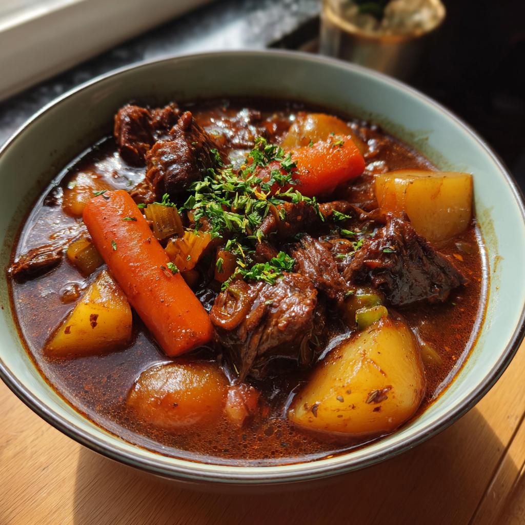 A hearty bowl of rich slow cooker beef stew, featuring tender beef chunks, potatoes, carrots, and fresh parsley garnish.