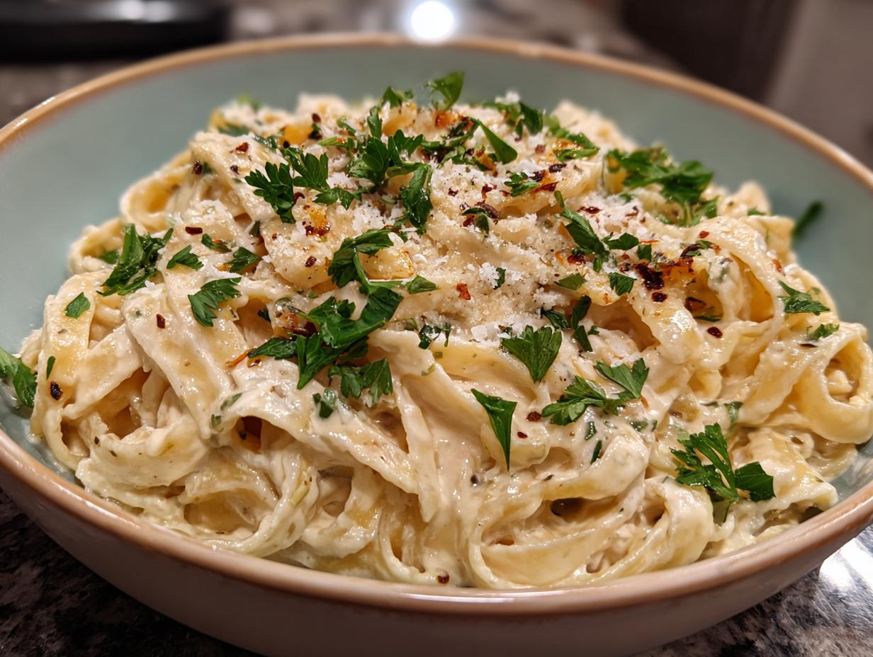 A close-up of creamy fettuccine Alfredo pasta with roasted garlic, garnished with parsley and red pepper flakes.