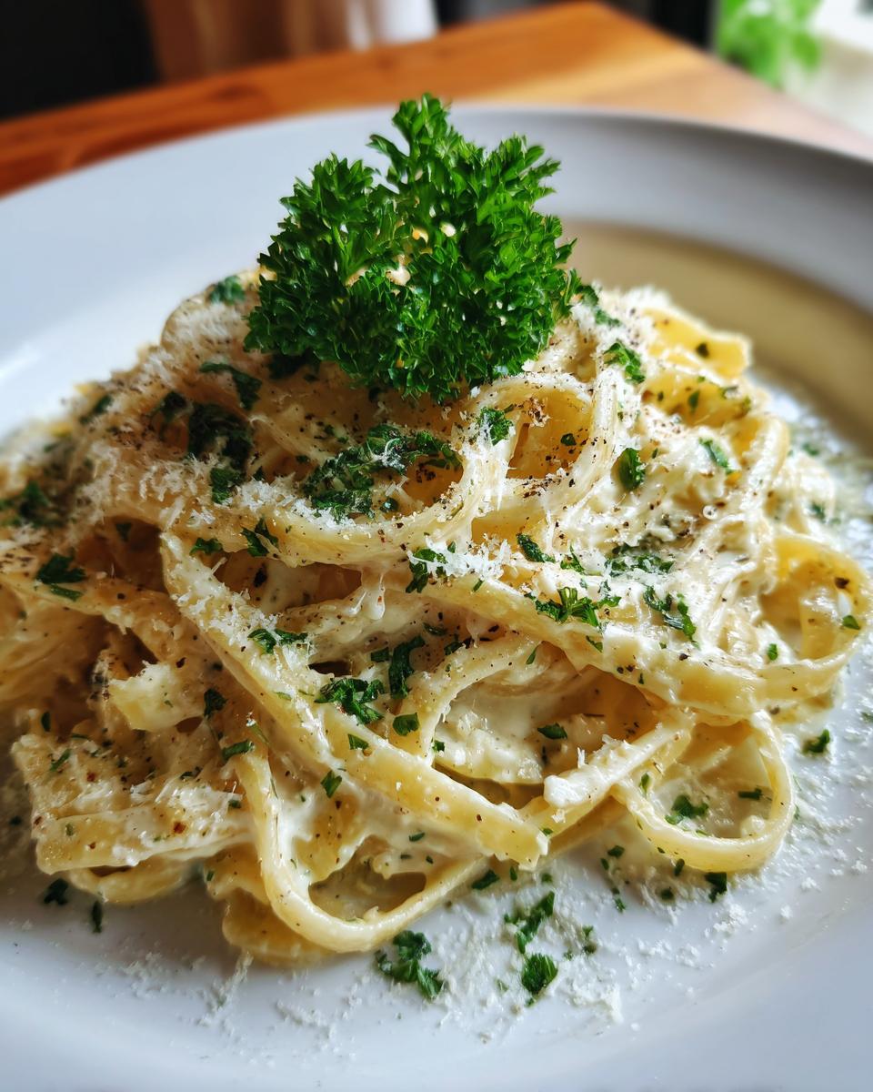 Close-up of fettuccine pasta coated in creamy Roasted Garlic Alfredo sauce, topped with fresh parsley and grated Parmesan.