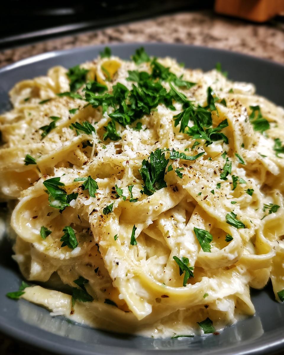 Close-up of creamy fettuccine Alfredo pasta, generously topped with grated Parmesan cheese and fresh parsley.