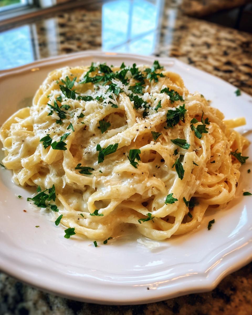 A close-up of fettuccine pasta coated in creamy roasted garlic alfredo sauce, topped with fresh parsley and grated Parmesan cheese.