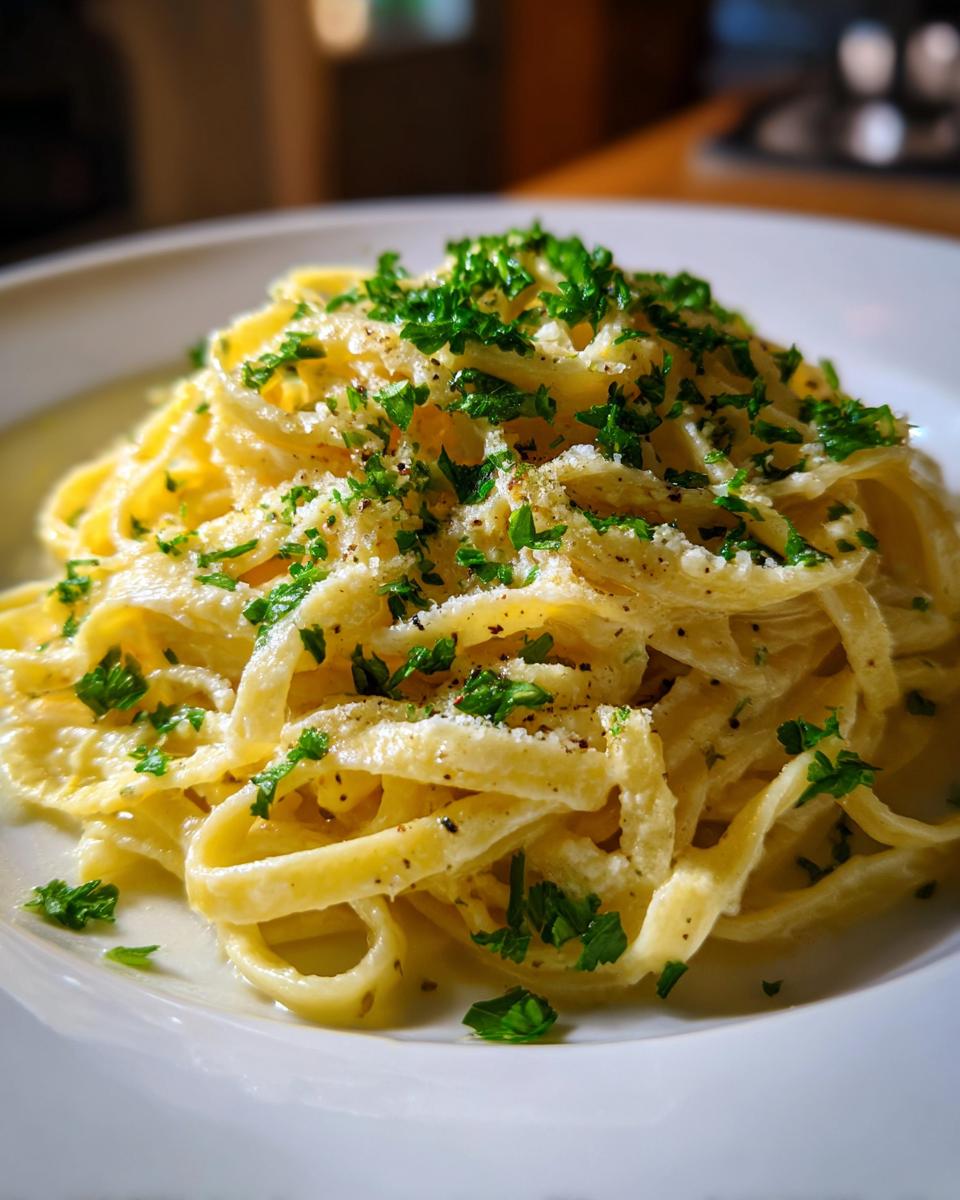 A close-up of fettuccine pasta coated in creamy roasted garlic alfredo sauce, topped with fresh parsley and grated cheese.