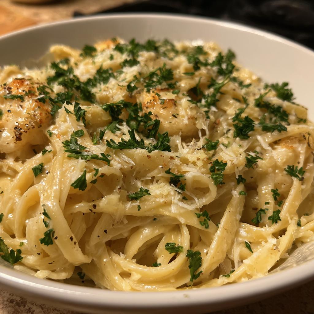Close-up of fettuccine pasta coated in creamy Roasted Garlic Alfredo sauce, topped with fresh parsley and Parmesan cheese.