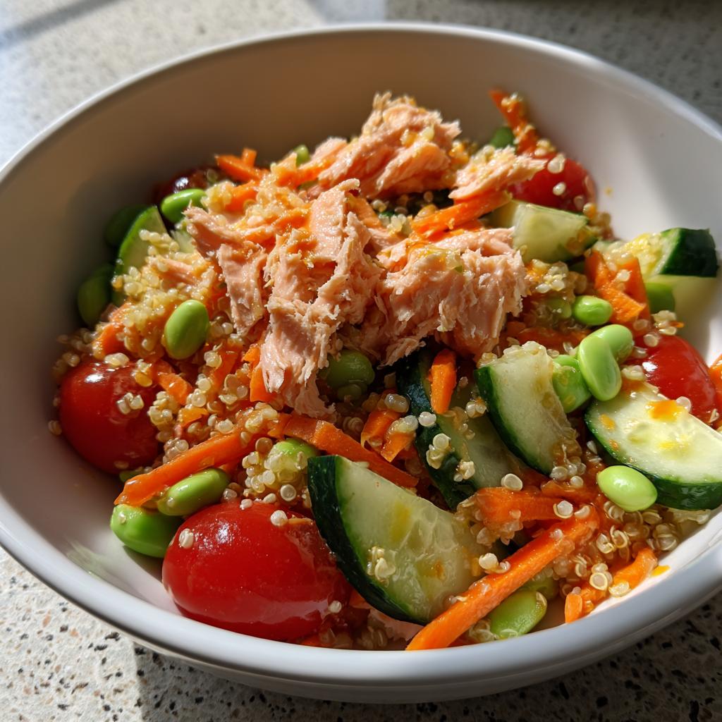 A close-up of a healthy salmon power bowl with quinoa, shredded carrots, edamame, cherry tomatoes, and cucumber.