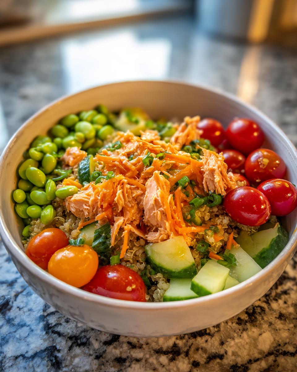 A vibrant salmon power bowl featuring quinoa, edamame, cherry tomatoes, cucumber, and shredded carrots.