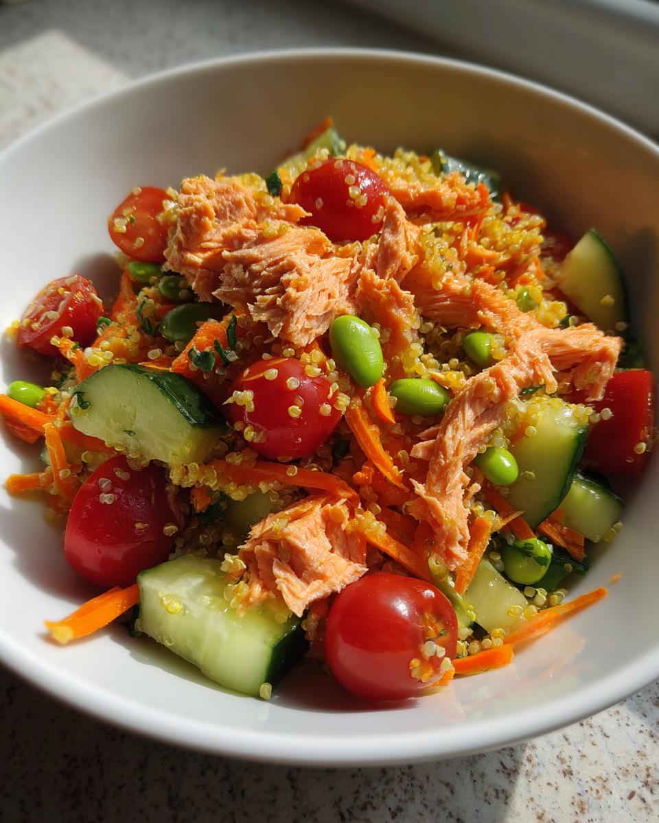 A vibrant salmon power bowl filled with quinoa, shredded salmon, cherry tomatoes, cucumber, edamame, and shredded carrots.