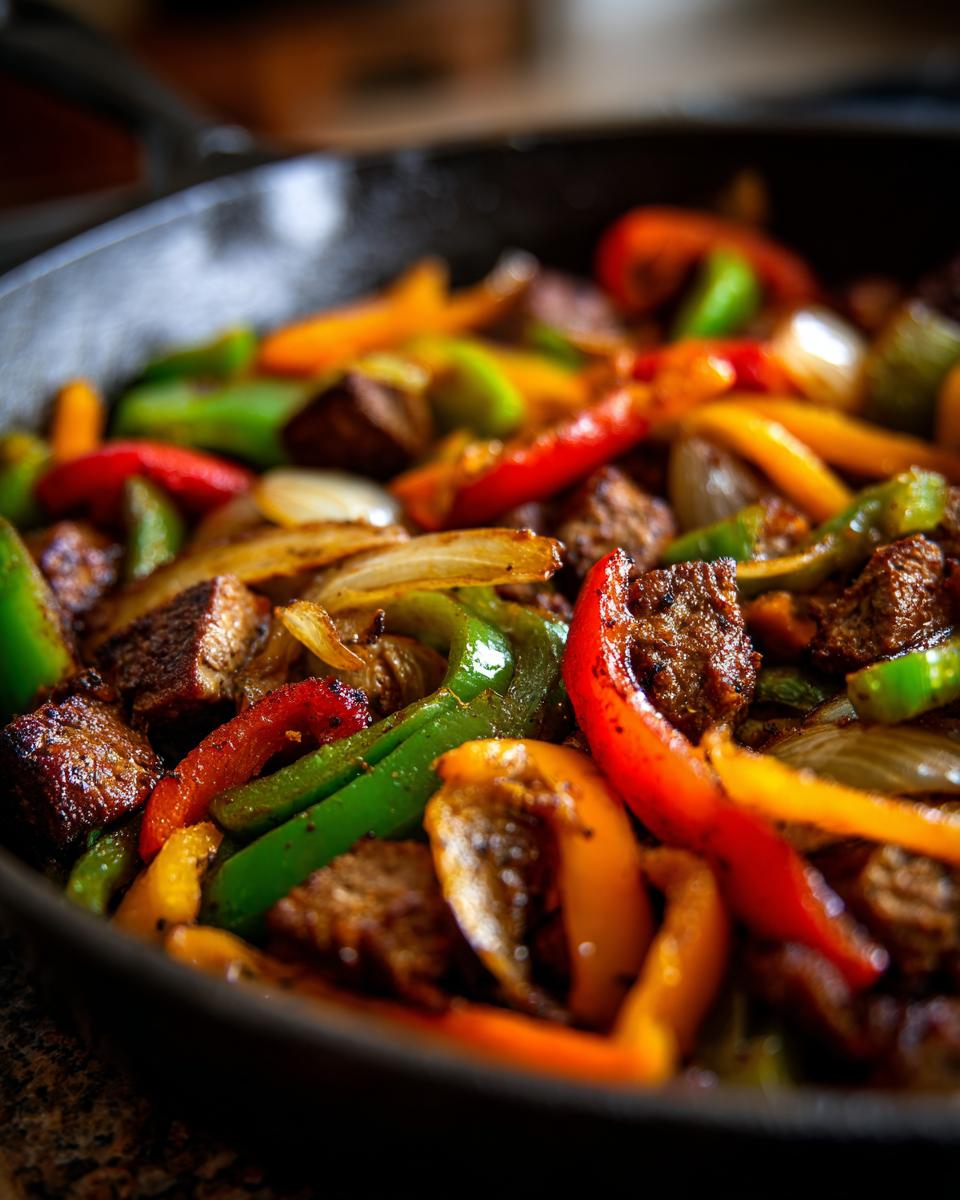 Close-up of sausage and peppers cooked in a cast iron skillet, a key ingredient in easy dinner recipes.