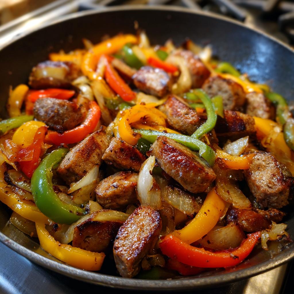 Close-up of sausage and peppers cooked in a skillet, showcasing colorful bell peppers and browned sausage slices.