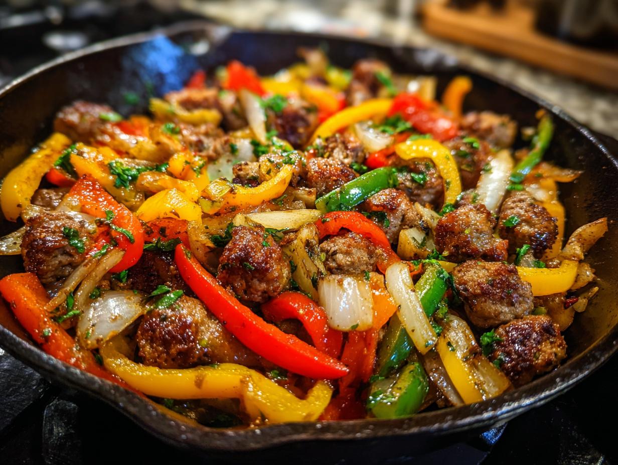 Close-up of sausage and peppers cooked in a cast iron skillet, a perfect example of easy dinner recipes.