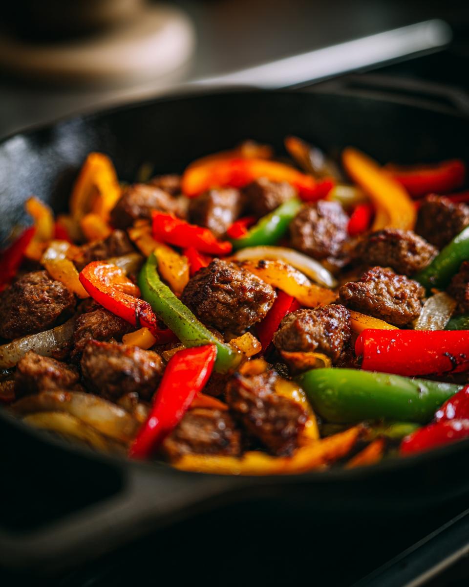 Close-up of sausage and peppers sizzling in a cast-iron skillet, a key ingredient for easy dinner recipes.