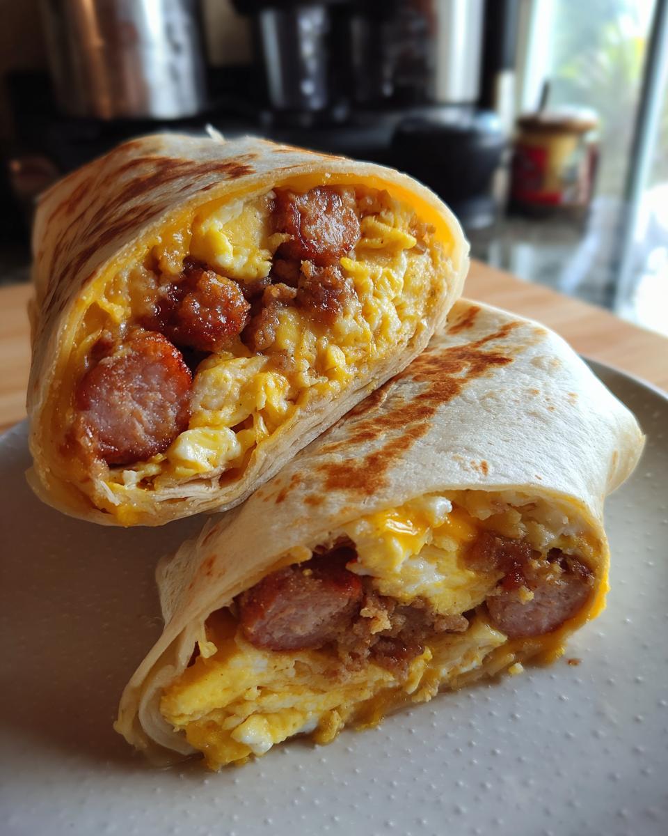 Close-up of a sausage breakfast burrito cut in half, showing scrambled eggs, sausage links, and crumbled sausage.