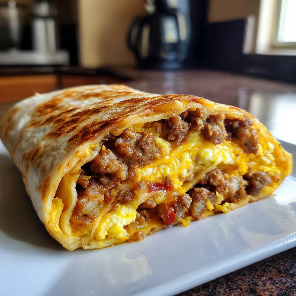 Close-up of a hearty sausage breakfast burrito, revealing layers of scrambled eggs, crumbled sausage, and melted cheese.