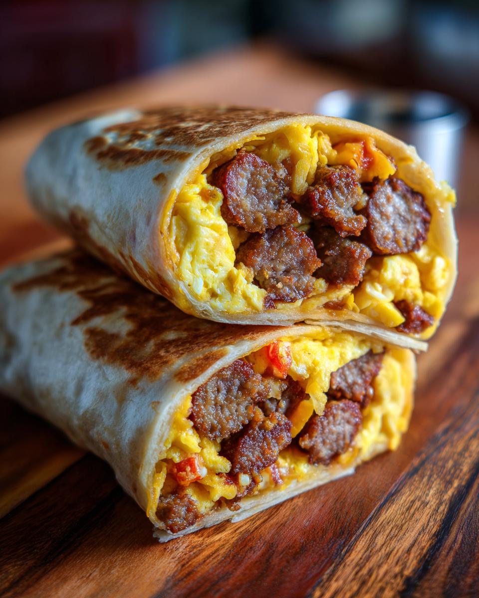 Close-up of two halves of a sausage breakfast burrito, filled with scrambled eggs, sausage crumbles, and peppers.